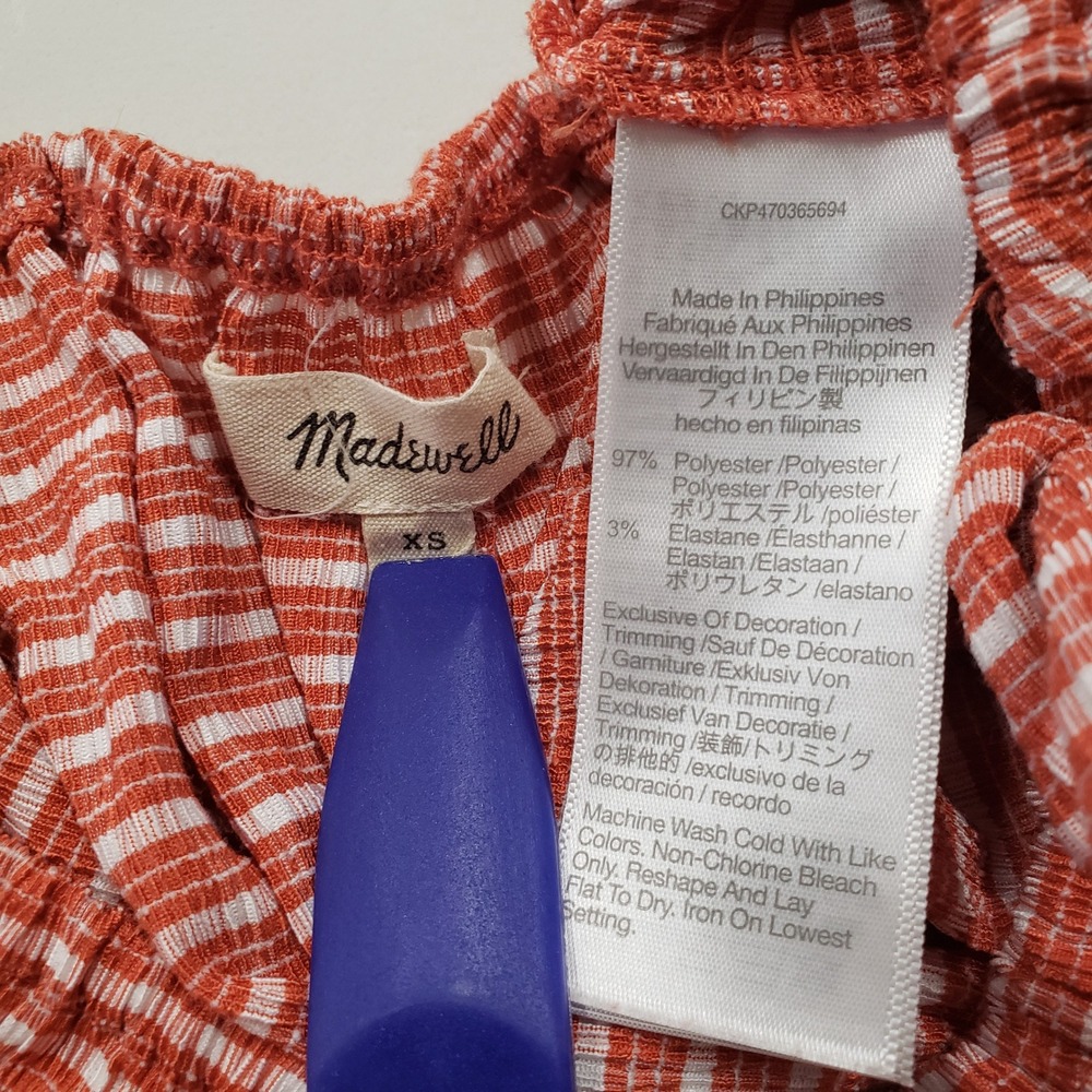 Madewell Red White Gingham Square Neck Puff‎ Sleeve Peplum Top XS Peasant Boho - Picture 4 of 5